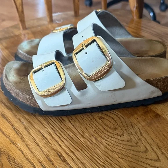 Birkenstock White Double-Buckle Slide Sandals with Gold Buckles - Picture 3 of 3